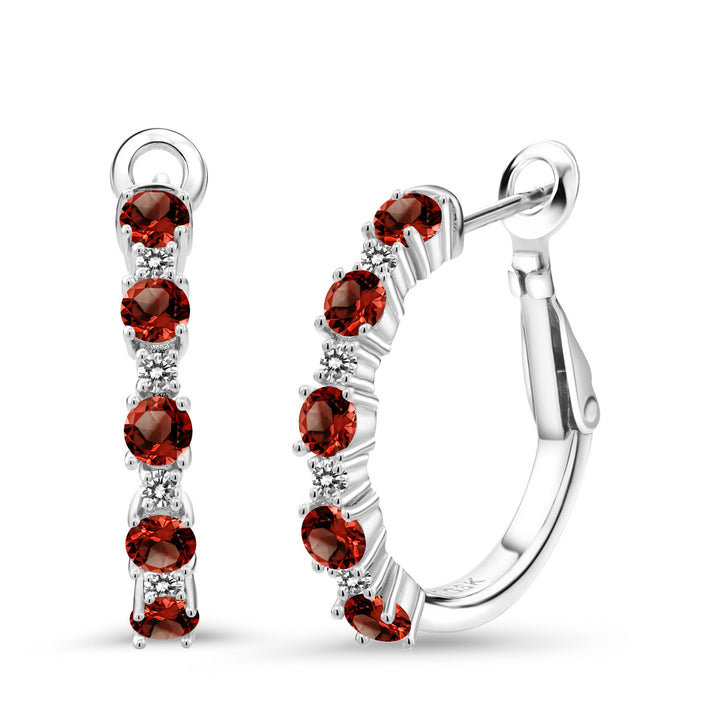 Garnet - January_925 Sterling Silver_925 Sterling Silver Women Hoop Earrings Red Garnet White Diamond (1.76 Cttw, Round Cut, 3/7 Inch Diameter)