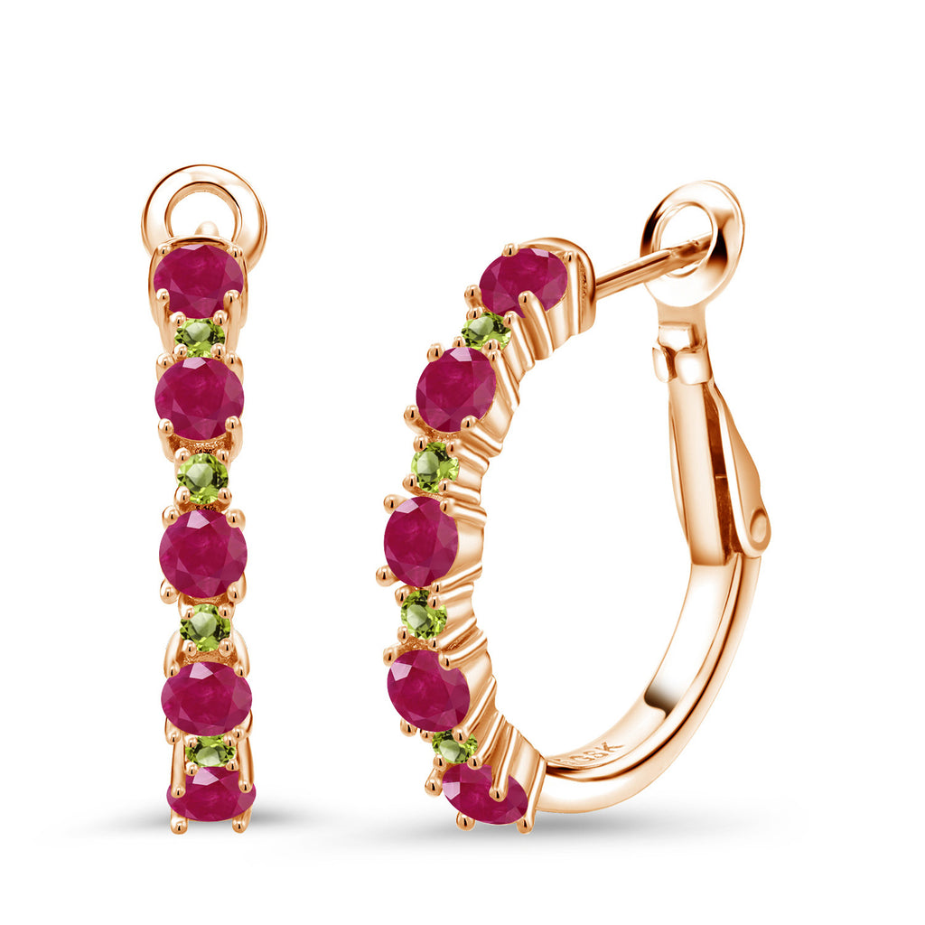 Ruby - July_925 Rose Gold Plated Silver_18K Rose Gold Plated Silver Women Hoop Earrings Red Ruby Green Peridot (1.95 Cttw, Round Cut, 3/7 Inch Diameter)