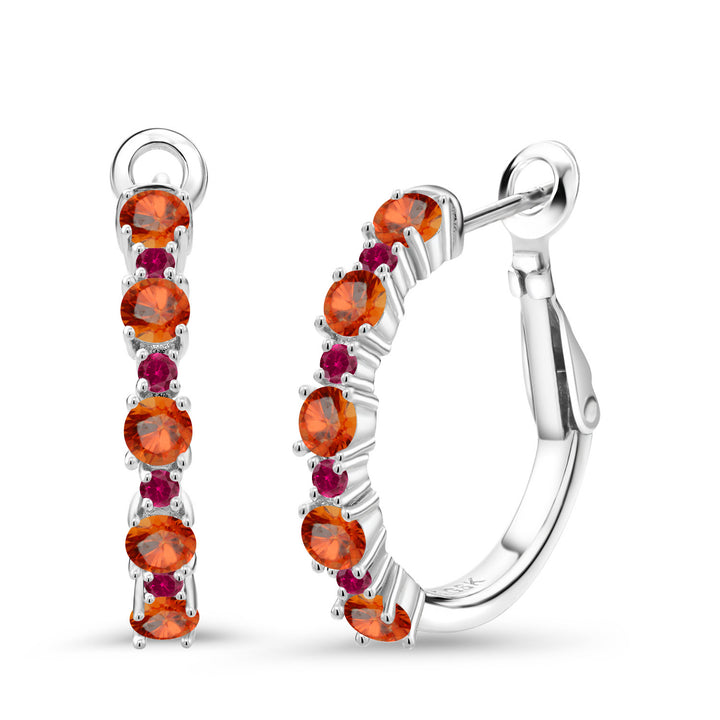 Orange Sapphire - September_925 Sterling Silver_925 Sterling Silver Women Hoop Earrings Orange Sapphire Red Created Ruby (2.01 Cttw, Round Cut, 3/7 Inch Diameter)