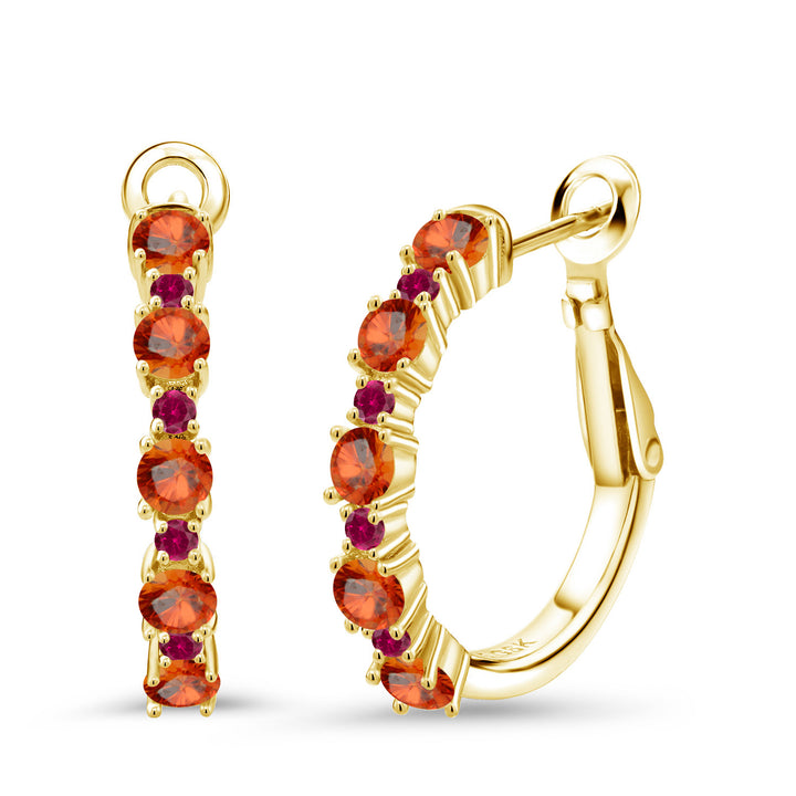 Orange Sapphire - September_925 Yellow Gold Plated Silver_18K Yellow Gold Plated Silver Women Hoop Earrings Orange Sapphire Red Created Ruby (2.01 Cttw, Round Cut, 3/7 Inch Diameter)