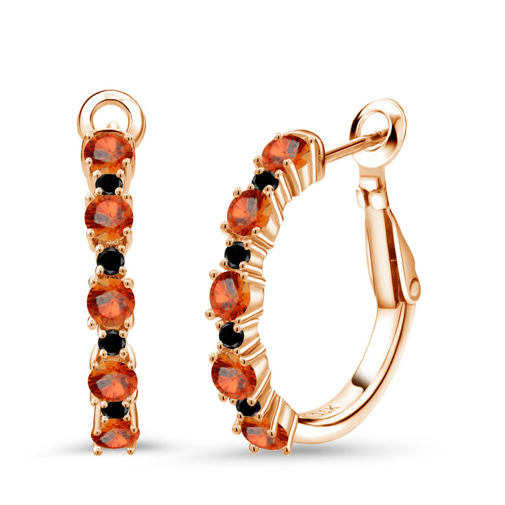 Orange Sapphire - September_925 Rose Gold Plated Silver_18K Rose Gold Plated Silver Women Hoop Earrings Orange Sapphire Black Diamond (1.87 Cttw, Round Cut, 3/7 Inch Diameter)
