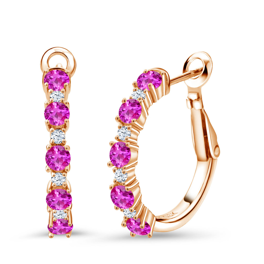 Pink Sapphire - September_925 Rose Gold Plated Silver_18K Rose Gold Plated Silver Women Hoop Earrings Pink Sapphire (1.57 Cttw, Round Cut, 3/7 Inch Diameter)