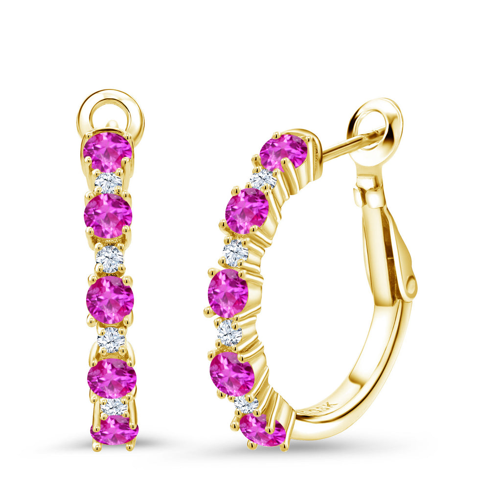 Pink Sapphire - September_925 Yellow Gold Plated Silver_18K Yellow Gold Plated Silver Women Hoop Earrings Pink Sapphire (1.57 Cttw, Round Cut, 3/7 Inch Diameter)