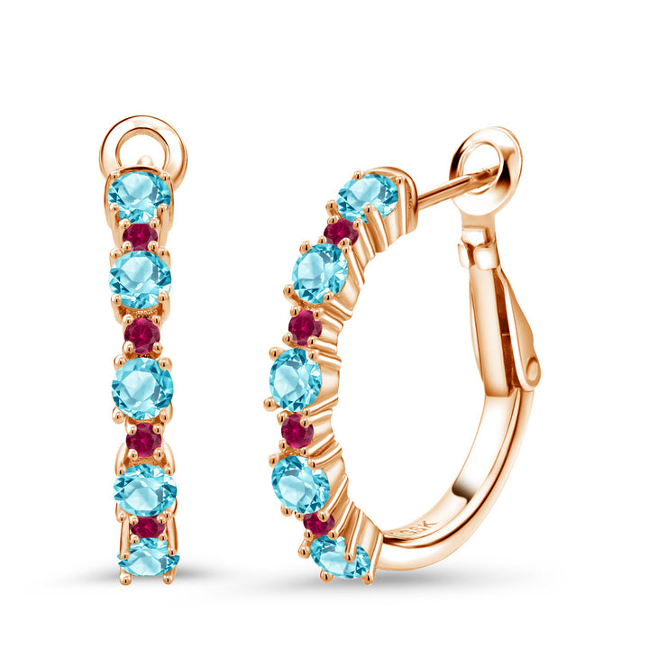 Swiss Blue Topaz - November_925 Rose Gold Plated Silver_18K Rose Gold Plated Silver Women Hoop Earrings Swiss Blue Topaz Red Created Ruby (1.90 Cttw, Round Cut, 3/7 Inch Diameter)