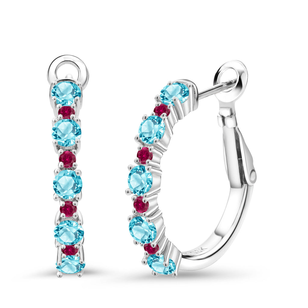 Swiss Blue Topaz - November_925 Sterling Silver_925 Sterling Silver Women Hoop Earrings Swiss Blue Topaz Red Created Ruby (1.90 Cttw, Round Cut, 3/7 Inch Diameter)