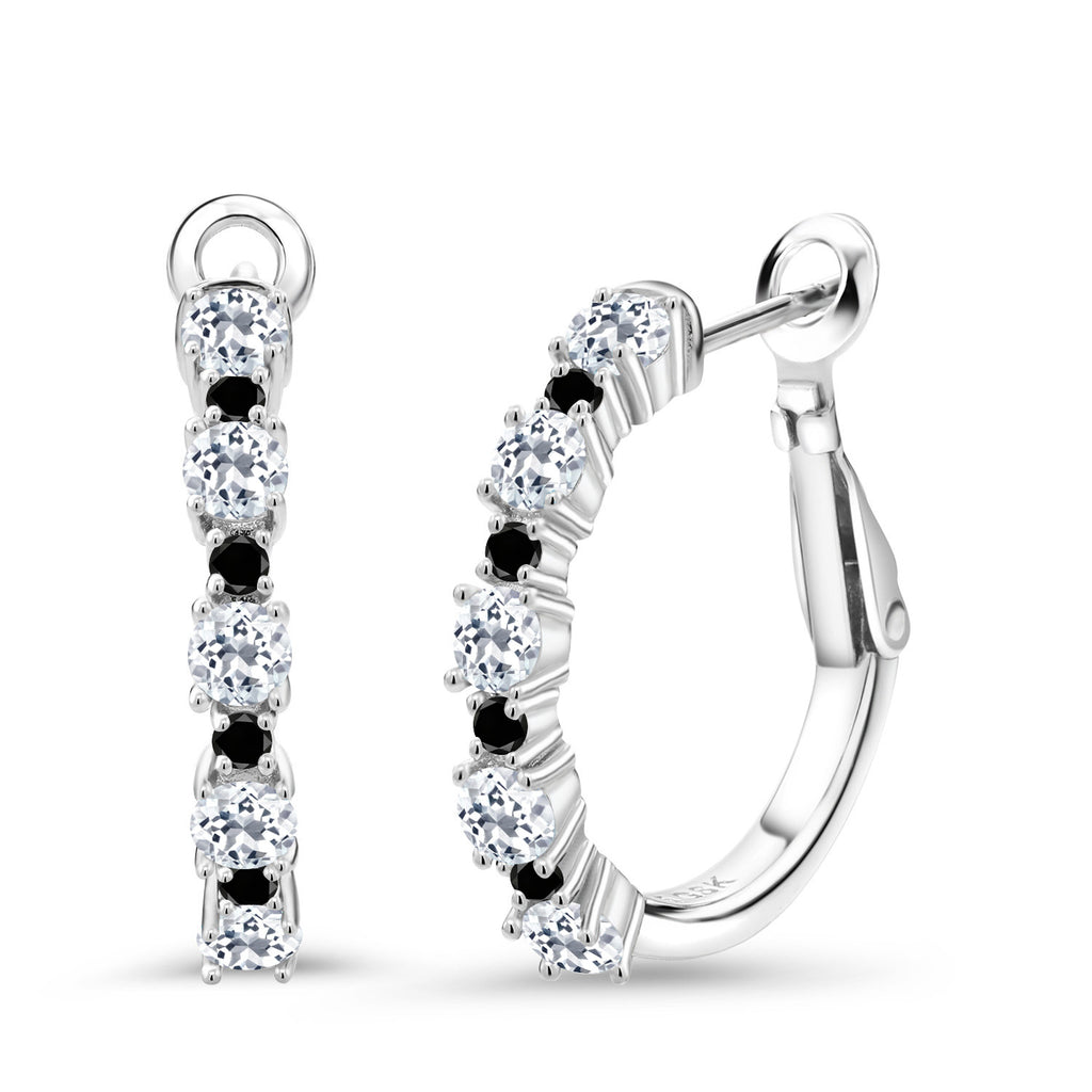 White Topaz - November_925 Sterling Silver_925 Sterling Silver Women Hoop Earrings White Topaz Black Diamond (1.66 Cttw, Round Cut, 3/7 Inch Diameter)