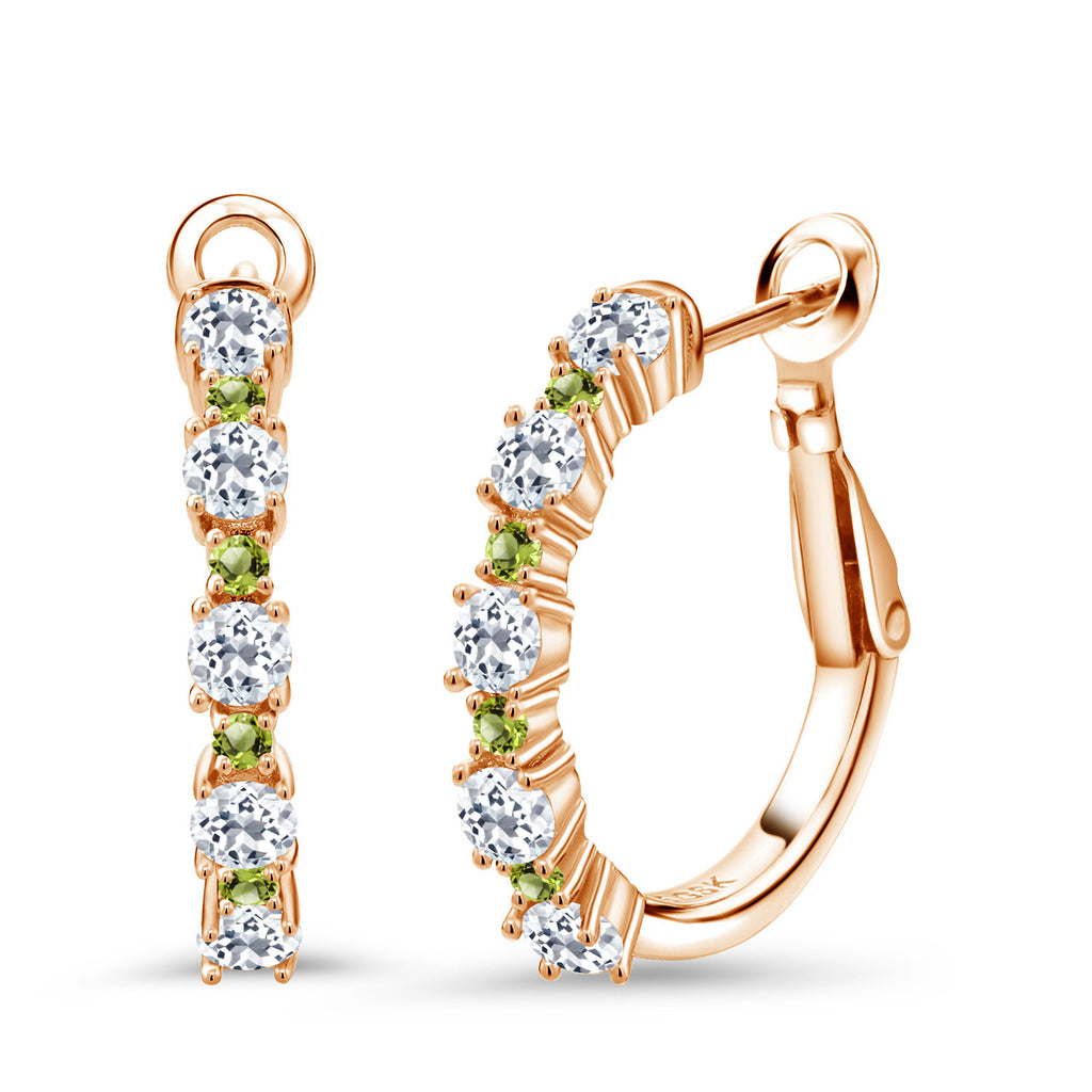 White Topaz - November_925 Rose Gold Plated Silver_18K Rose Gold Plated Silver Women Hoop Earrings White Topaz Green Peridot (1.80 Cttw, Round Cut, 3/7 Inch Diameter)