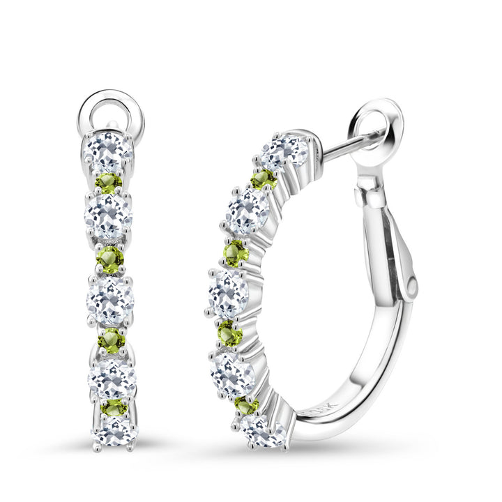White Topaz - November_925 Sterling Silver_925 Sterling Silver Women Hoop Earrings White Topaz Green Peridot (1.80 Cttw, Round Cut, 3/7 Inch Diameter)