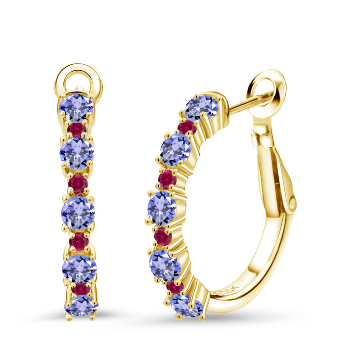 Tanzanite - December_925 Yellow Gold Plated Silver_18K Yellow Gold Plated Silver Women Hoop Earrings Blue Tanzanite Red Created Ruby (1.90 Cttw, Round Cut, 3/7 Inch Diameter)