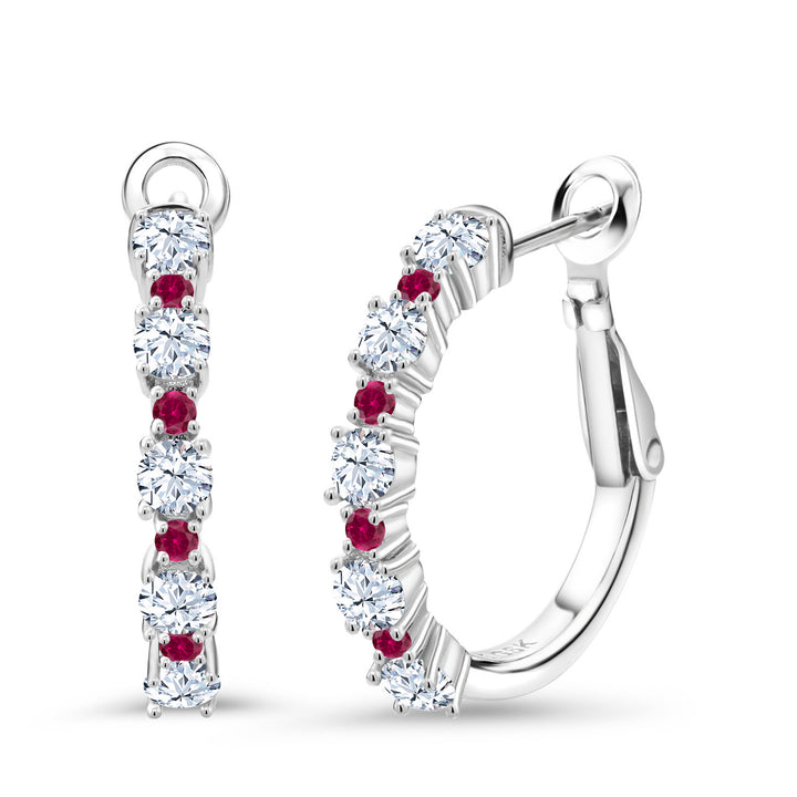 White Created Sapphire - September_925 Sterling Silver_925 Sterling Silver Women Hoop Earrings White Created Sapphire Red Created Ruby (1.70 Cttw, Round Cut, 3/7 Inch Diameter)