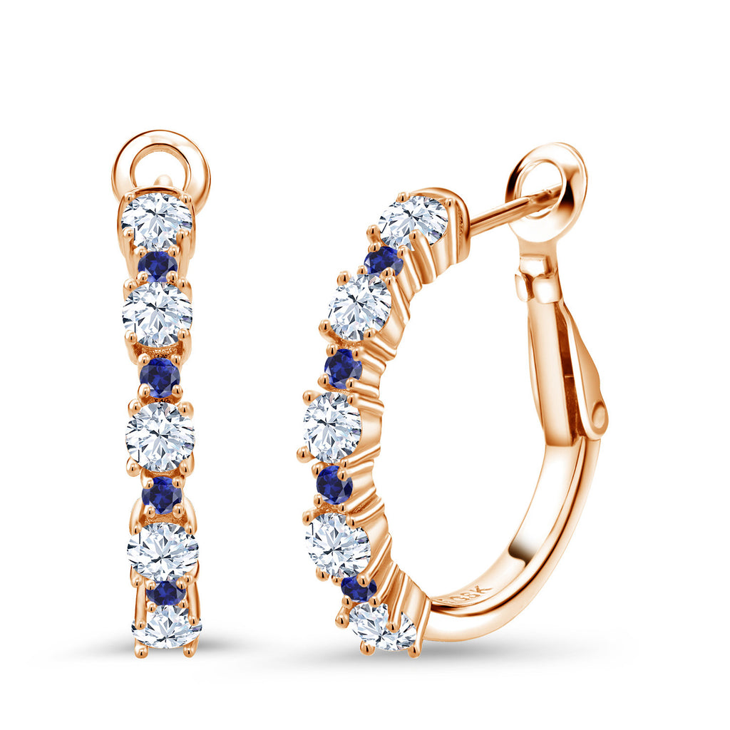 White Created Sapphire - September_925 Rose Gold Plated Silver_18K Rose Gold Plated Silver Women Hoop Earrings White Created Sapphire Blue Created Sapphire (1.66 Cttw, Round Cut, 3/7 Inch Diameter)