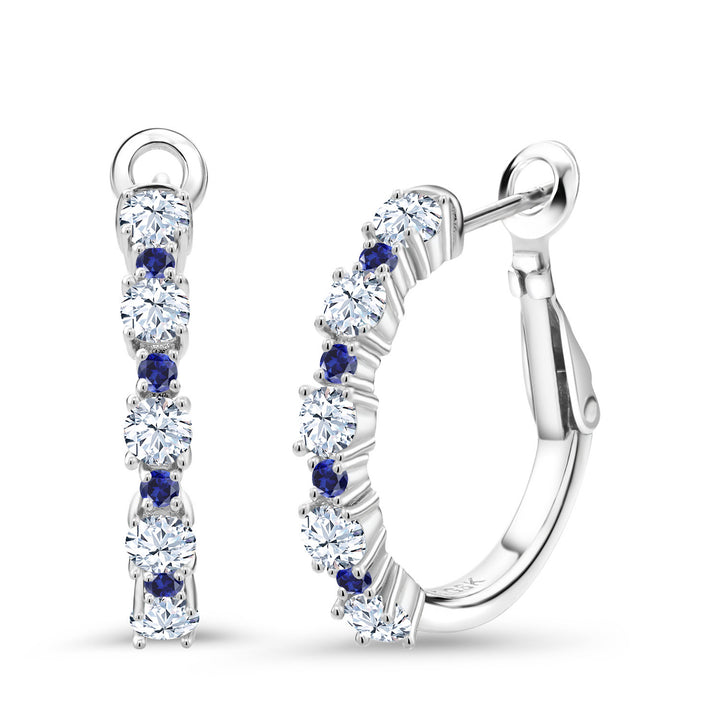 White Created Sapphire - September_925 Sterling Silver_925 Sterling Silver Women Hoop Earrings White Created Sapphire Blue Created Sapphire (1.66 Cttw, Round Cut, 3/7 Inch Diameter)