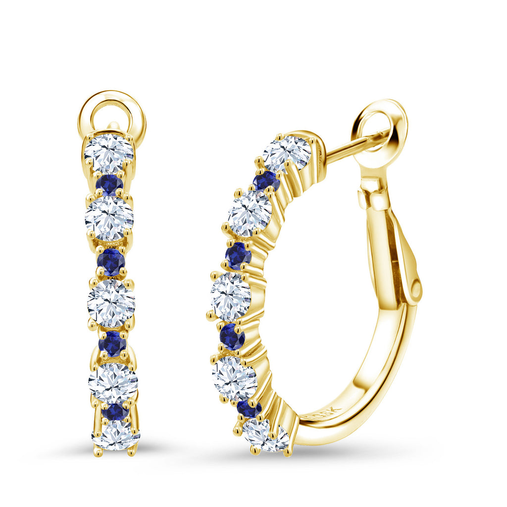 White Created Sapphire - September_925 Yellow Gold Plated Silver_18K Yellow Gold Plated Silver Women Hoop Earrings White Created Sapphire Blue Created Sapphire (1.66 Cttw, Round Cut, 3/7 Inch Diameter)