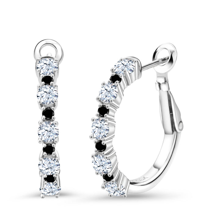 White Created Sapphire - September_925 Sterling Silver_925 Sterling Silver Women Hoop Earrings White Created Sapphire Black Diamond (1.56 Cttw, Round Cut, 3/7 Inch Diameter)