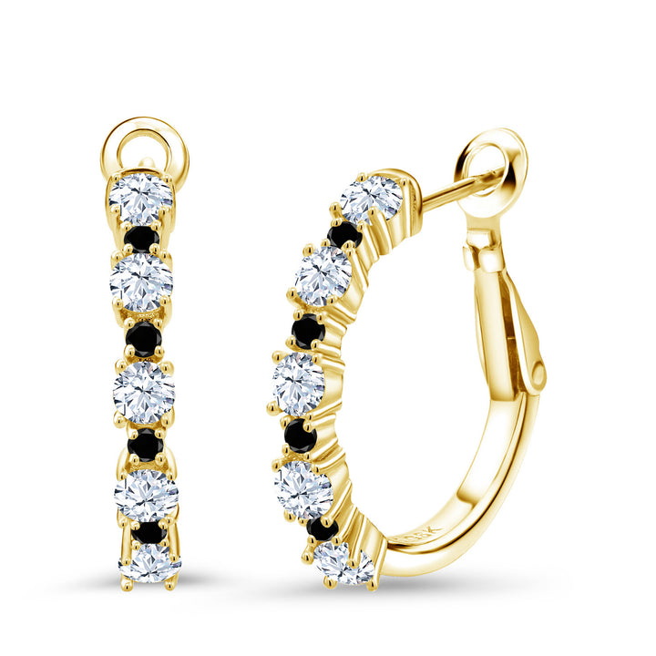 White Created Sapphire - September_925 Yellow Gold Plated Silver_18K Yellow Gold Plated Silver Women Hoop Earrings White Created Sapphire Black Diamond (1.56 Cttw, Round Cut, 3/7 Inch Diameter)