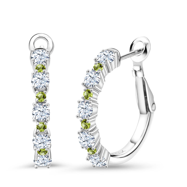 White Created Sapphire - September_925 Sterling Silver_925 Sterling Silver Women Hoop Earrings White Created Sapphire Green Peridot (1.70 Cttw, Round Cut, 3/7 Inch Diameter)