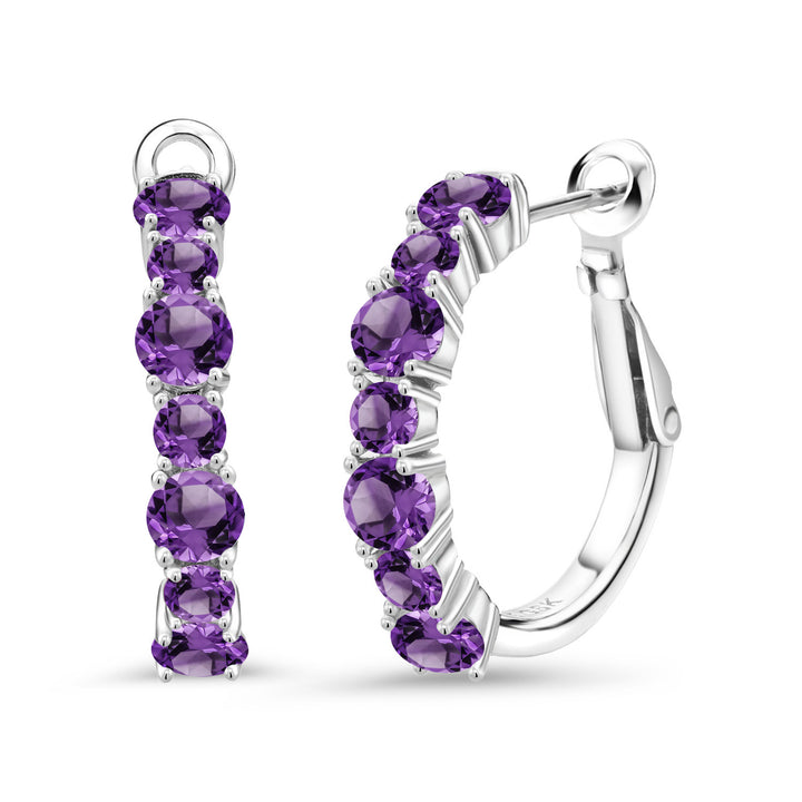 925 Sterling Silver Purple Amethyst Hoop Earrings For Women (2.60 Cttw, Gemstone February Birthstone, Round 4MM and 3MM)