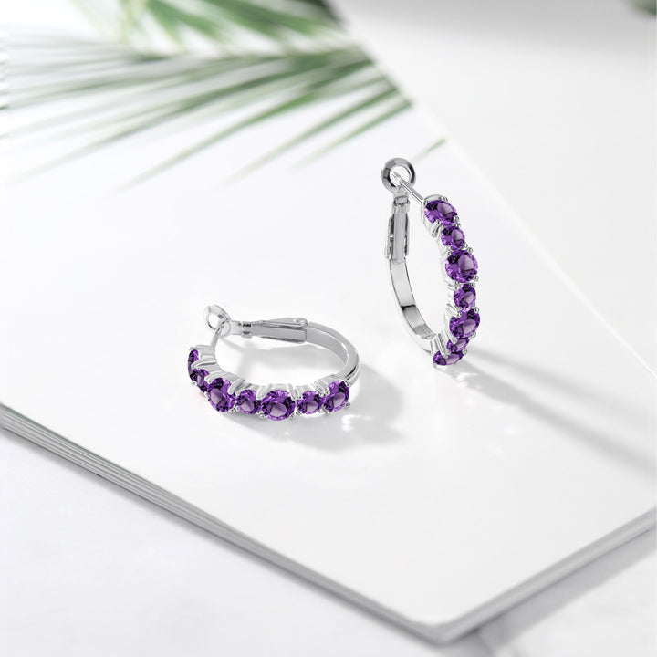 925 Sterling Silver Purple Amethyst Hoop Earrings For Women (2.60 Cttw, Gemstone February Birthstone, Round 4MM and 3MM)