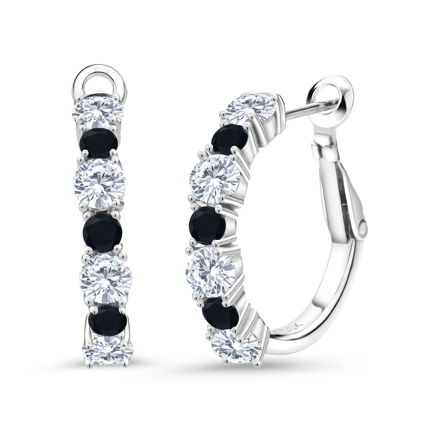 925 Sterling Silver White Moissanite and Black Onyx Hoop Earrings For Women (2.44 Cttw, Gemstone Birthstone, Round 4MM and 3MM)