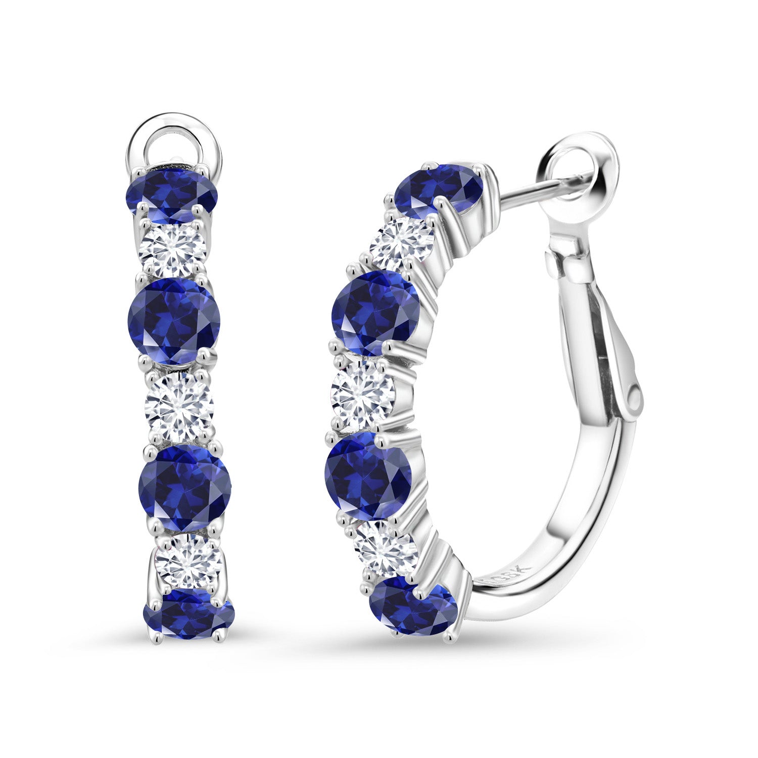 925 Sterling Silver Blue Created Sapphire and White Lab Grown Diamond Hoop Earrings For Women (2.60 Cttw, Gemstone September Birthstone, Round 4MM and 3MM)