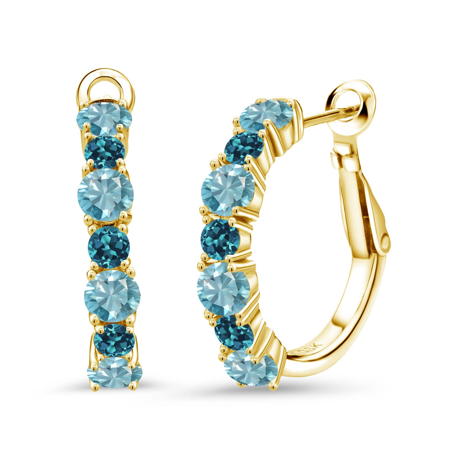 18K Yellow Gold Plated Silver Blue Zircon and London Blue Topaz Hoop Earrings For Women (4.78 Cttw, Gemstone December Birthstone, Round 4MM and 3MM)