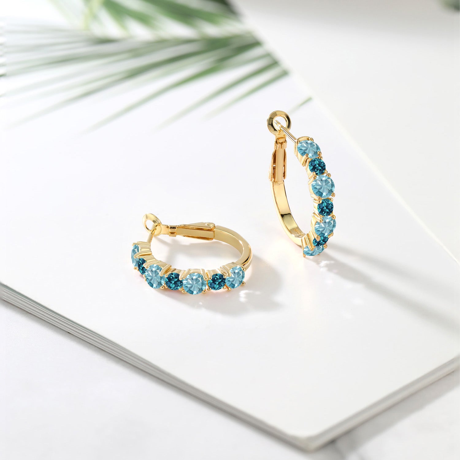 18K Yellow Gold Plated Silver Blue Zircon and London Blue Topaz Hoop Earrings For Women (4.78 Cttw, Gemstone December Birthstone, Round 4MM and 3MM)