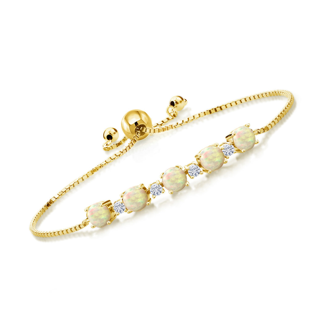 Gem Stone King 18K Yellow Gold Plated Silver Gemstone Birthstone and White Moissanite Tennis Bracelet for Women | Round 5MM and 2.5MM | Adjustable Bolo Design | Easy-On Easy-Off | Fully Adjustable Up to 9 Inch