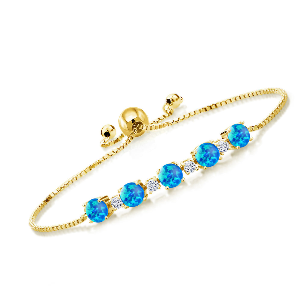 Gem Stone King 18K Yellow Gold Plated Silver Gemstone Birthstone and White Moissanite Tennis Bracelet for Women | Round 5MM and 2.5MM | Adjustable Bolo Design | Easy-On Easy-Off | Fully Adjustable Up to 9 Inch