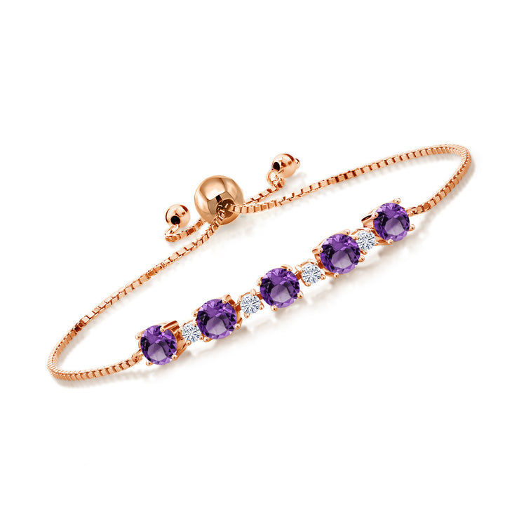 18K Rose Gold Plated Silver Gemstone Birthstone and White Moissanite Tennis Bracelet for Women | Round 5MM and 2.5MM | Adjustable Bolo Design | Easy-On Easy-Off | Fully Adjustable Up to 9 Inch