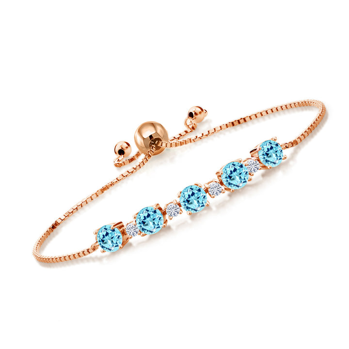 18K Rose Gold Plated Silver Gemstone Birthstone and White Moissanite Tennis Bracelet for Women | Round 5MM and 2.5MM | Adjustable Bolo Design | Easy-On Easy-Off | Fully Adjustable Up to 9 Inch