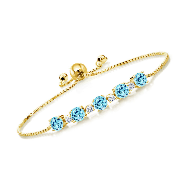 Gem Stone King 18K Yellow Gold Plated Silver Gemstone Birthstone and White Moissanite Tennis Bracelet for Women | Round 5MM and 2.5MM | Adjustable Bolo Design | Easy-On Easy-Off | Fully Adjustable Up to 9 Inch