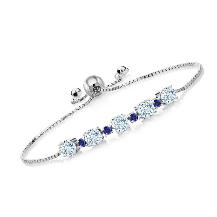 Gem Stone King 925 Sterling Silver Gemstone Birthstone and Blue Created Sapphire Tennis Bracelet for Women | Round 5MM and 2.5MM | Adjustable Bolo Design | Easy-On Easy-Off | Fully Adjustable Up to 9 Inch