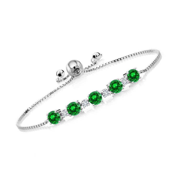 925 Sterling Silver Green Created Emerald and White Lab Grown Diamond Tennis Bracelet For Women (4.46 Cttw, Fully Adjustable Up to 9 Inch)