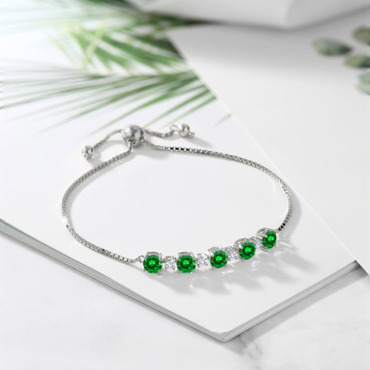 925 Sterling Silver Green Created Emerald and White Lab Grown Diamond Tennis Bracelet For Women (4.46 Cttw, Fully Adjustable Up to 9 Inch)