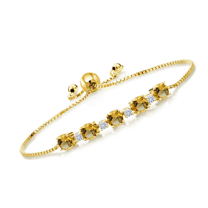 Gem Stone King 18K Yellow Gold Plated Silver Gemstone Birthstone and White Moissanite Tennis Bracelet for Women | Round 5MM and 2.5MM | Adjustable Bolo Design | Easy-On Easy-Off | Fully Adjustable Up to 9 Inch