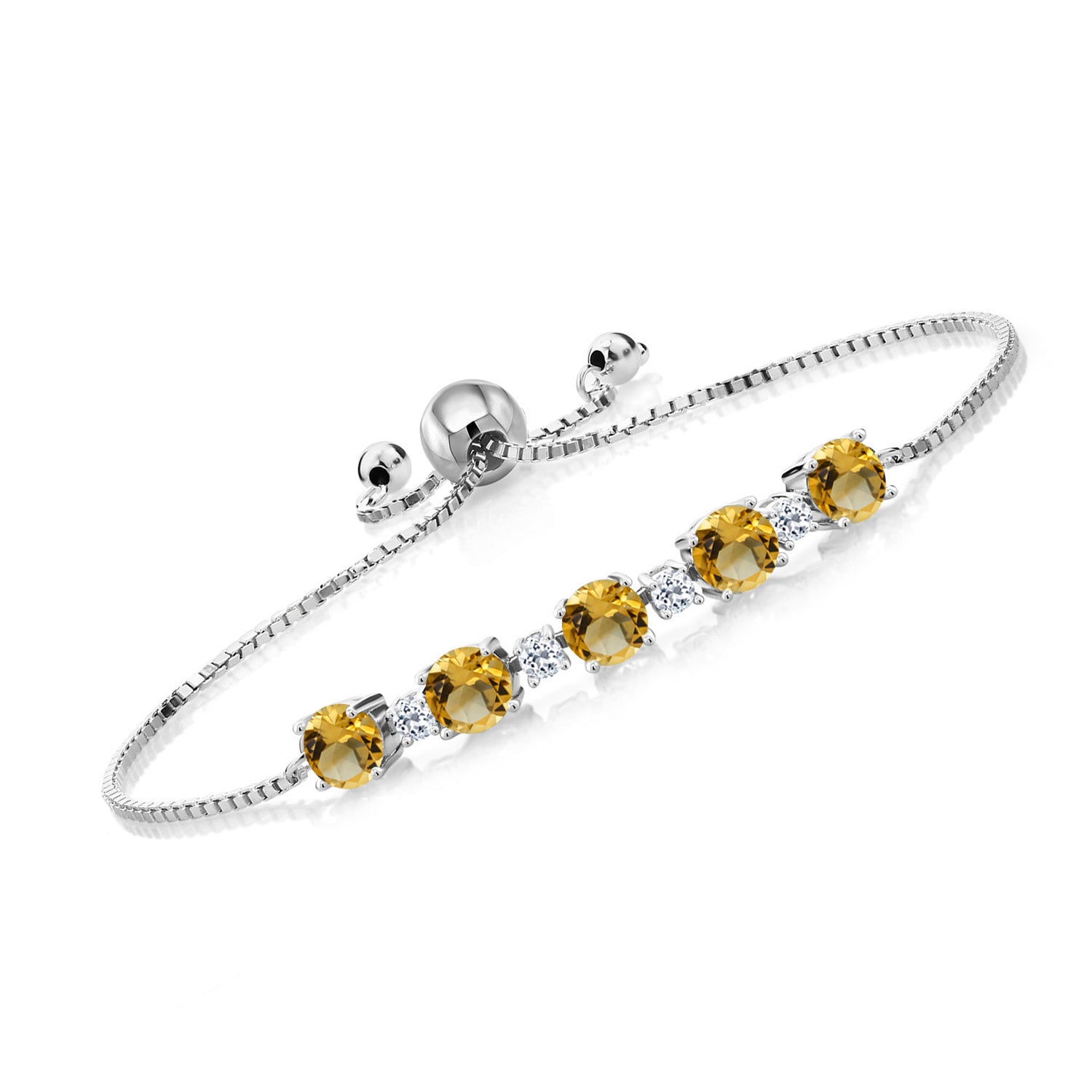 925 Sterling Silver Round Yellow Citrine and White Topaz Tennis Bracelet For Women (3.97 Cttw, Gemstone Birthstone, Fully Adjustable Up to 9 Inch)