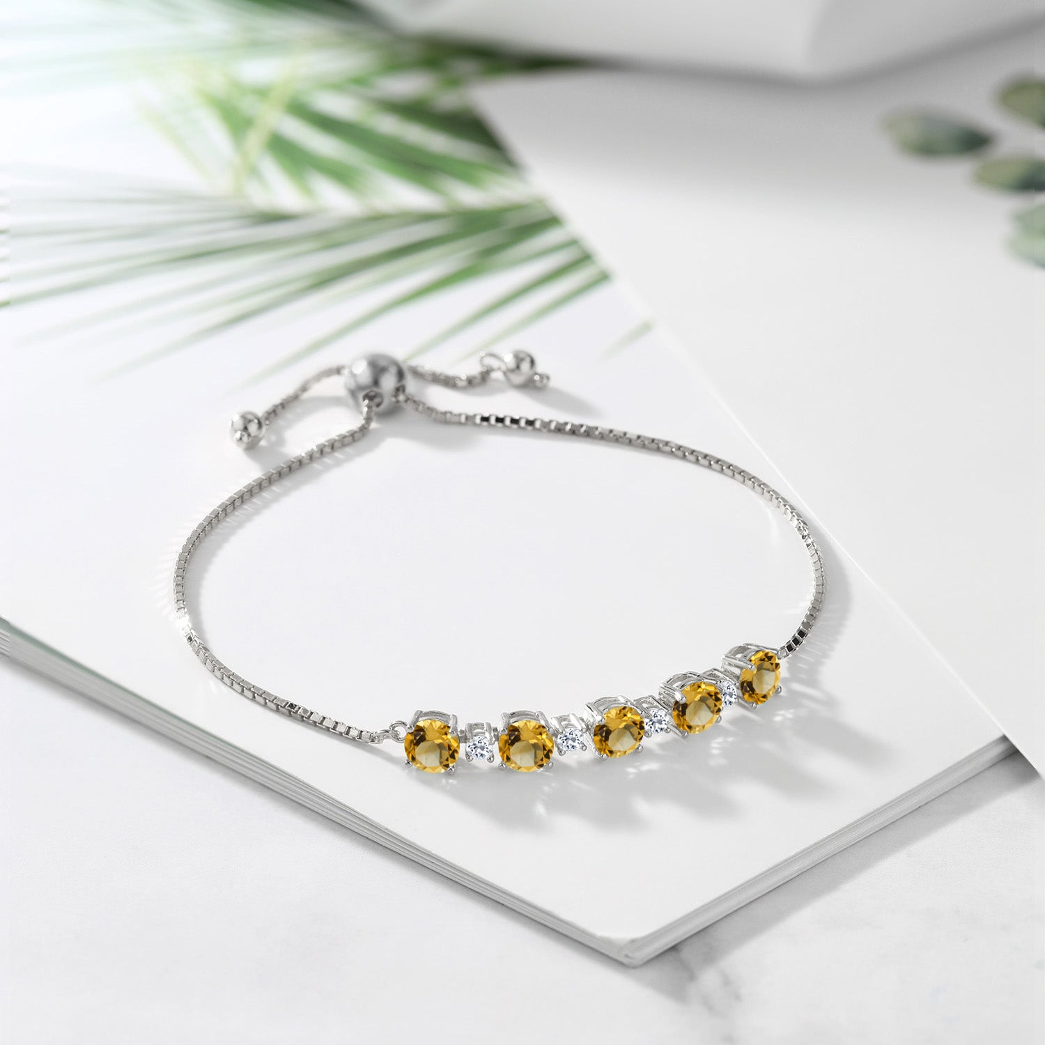 925 Sterling Silver Round Yellow Citrine and White Topaz Tennis Bracelet For Women (3.97 Cttw, Gemstone Birthstone, Fully Adjustable Up to 9 Inch)