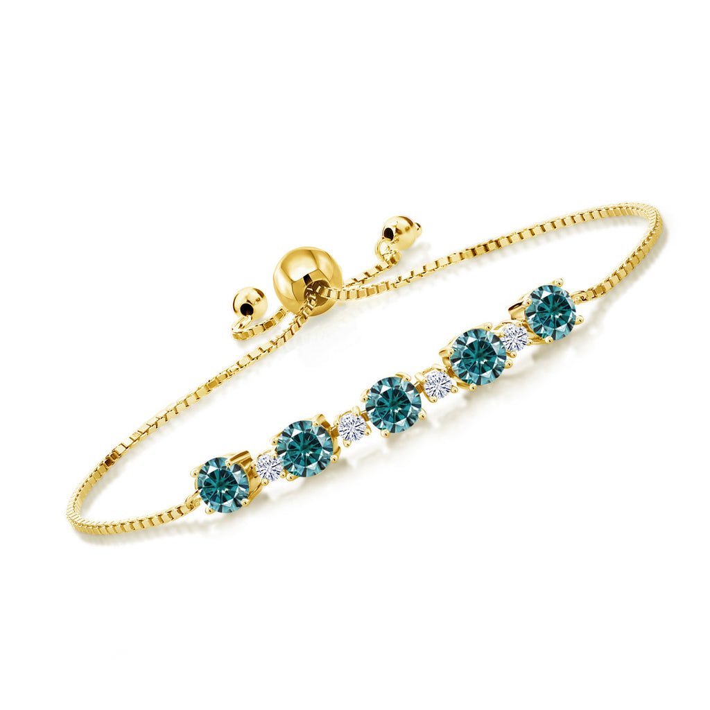 Gem Stone King 18K Yellow Gold Plated Silver Gemstone Birthstone and White Moissanite Tennis Bracelet for Women | Round 5MM and 2.5MM | Adjustable Bolo Design | Easy-On Easy-Off | Fully Adjustable Up to 9 Inch