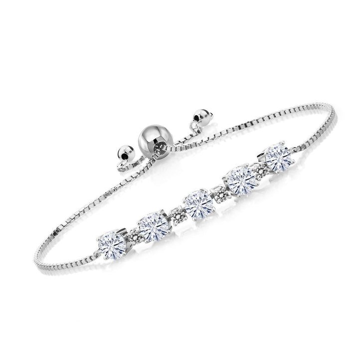 Gem Stone King 925 Sterling Silver Gemstone Birthstone and White Diamond Tennis Bracelet for Women | Round 5MM and 2.5MM | Adjustable Bolo Design | Easy-On Easy-Off | Fully Adjustable Up to 9 Inch