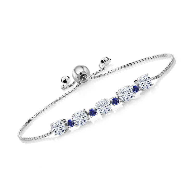 Gem Stone King 925 Sterling Silver Gemstone Birthstone and Blue Created Sapphire Tennis Bracelet for Women | Round 5MM and 2.5MM | Adjustable Bolo Design | Easy-On Easy-Off | Fully Adjustable Up to 9 Inch