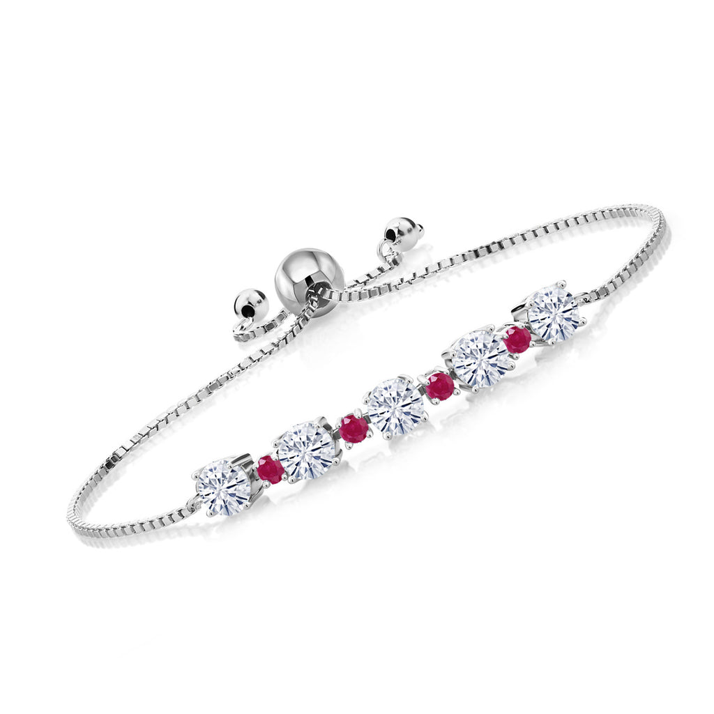 Gem Stone King 925 Sterling Silver Gemstone Birthstone and Ruby Tennis Bracelet for Women | Round 5MM and 2.5MM | Adjustable Bolo Design | Easy-On Easy-Off | Fully Adjustable Up to 9 Inch