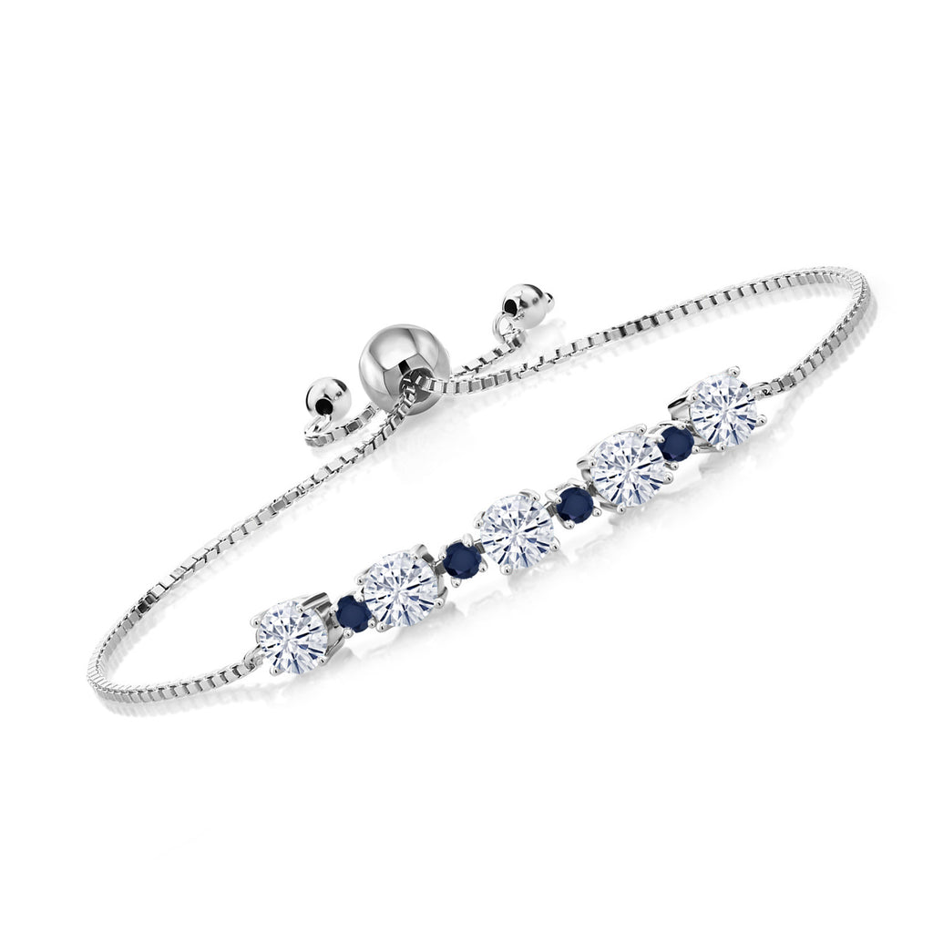 Gem Stone King 925 Sterling Silver Gemstone Birthstone and Blue Sapphire Tennis Bracelet for Women | Round 5MM and 2.5MM | Adjustable Bolo Design | Easy-On Easy-Off | Fully Adjustable Up to 9 Inch