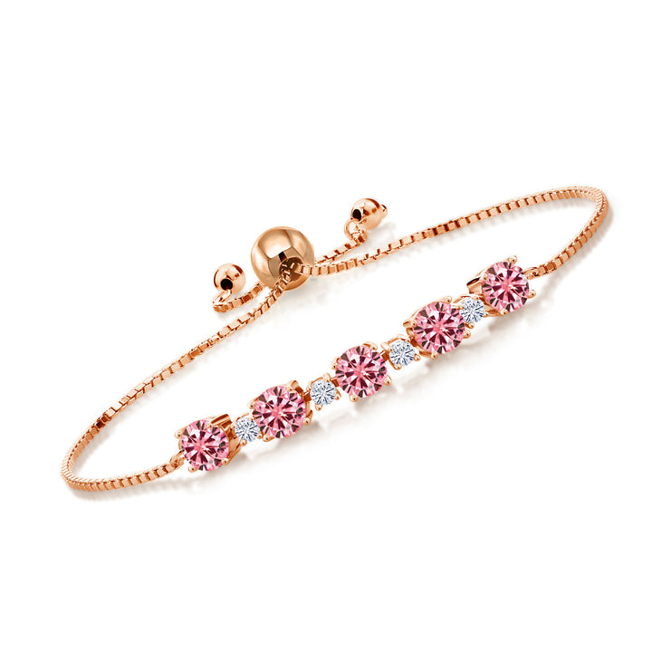 18K Rose Gold Plated Silver Gemstone Birthstone and White Moissanite Tennis Bracelet for Women | Round 5MM and 2.5MM | Adjustable Bolo Design | Easy-On Easy-Off | Fully Adjustable Up to 9 Inch