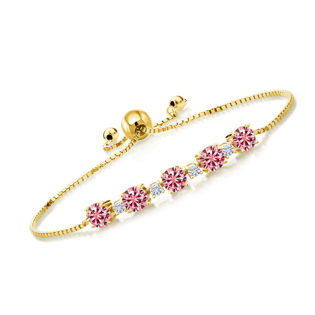 Gem Stone King 18K Yellow Gold Plated Silver Gemstone Birthstone and White Moissanite Tennis Bracelet for Women | Round 5MM and 2.5MM | Adjustable Bolo Design | Easy-On Easy-Off | Fully Adjustable Up to 9 Inch