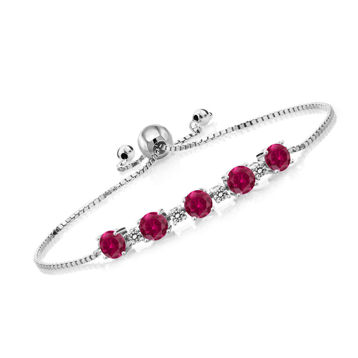 Gem Stone King 925 Sterling Silver Gemstone Birthstone and White Diamond Tennis Bracelet for Women | Round 5MM and 2.5MM | Adjustable Bolo Design | Easy-On Easy-Off | Fully Adjustable Up to 9 Inch