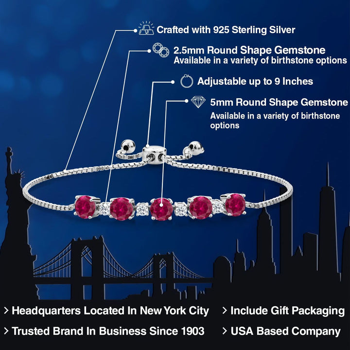 5.34 Cttw Red Created Ruby and White Topaz Tennis Bracelet For Women Set In 925 Sterling Silver | Round 5MM and 2.5MM | Fully Adjustable Up to 9 Inch