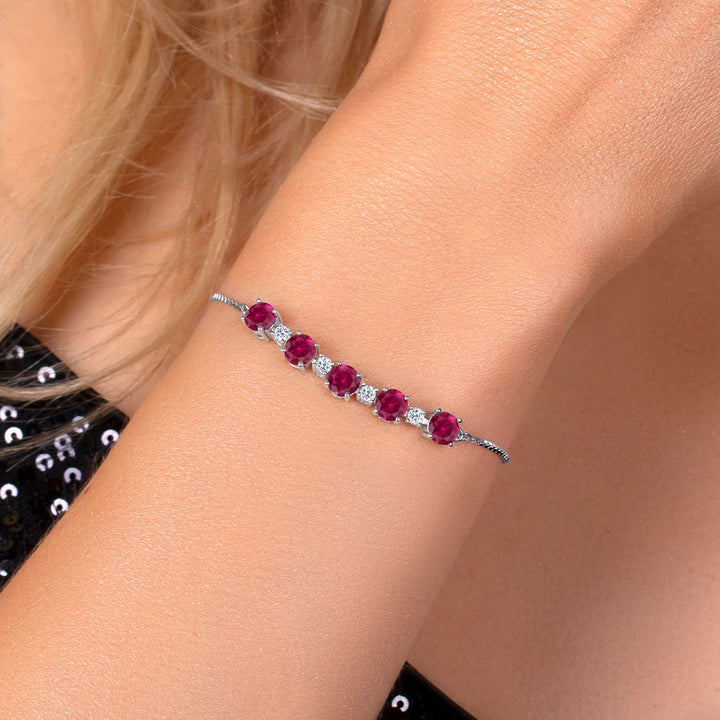 5.34 Cttw Red Created Ruby and White Topaz Tennis Bracelet For Women Set In 925 Sterling Silver | Round 5MM and 2.5MM | Fully Adjustable Up to 9 Inch