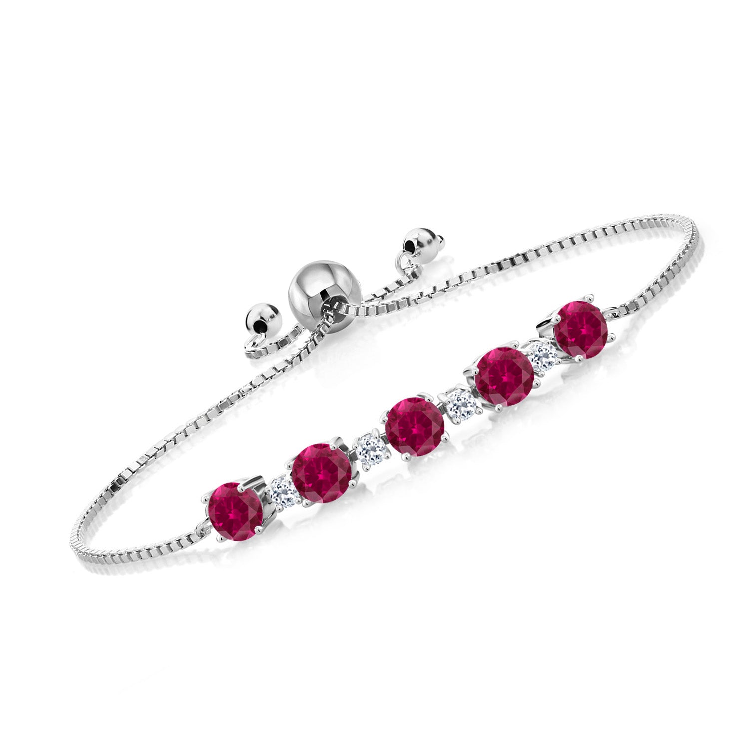 5.34 Cttw Red Created Ruby and White Topaz Tennis Bracelet For Women Set In 925 Sterling Silver | Round 5MM and 2.5MM | Fully Adjustable Up to 9 Inch