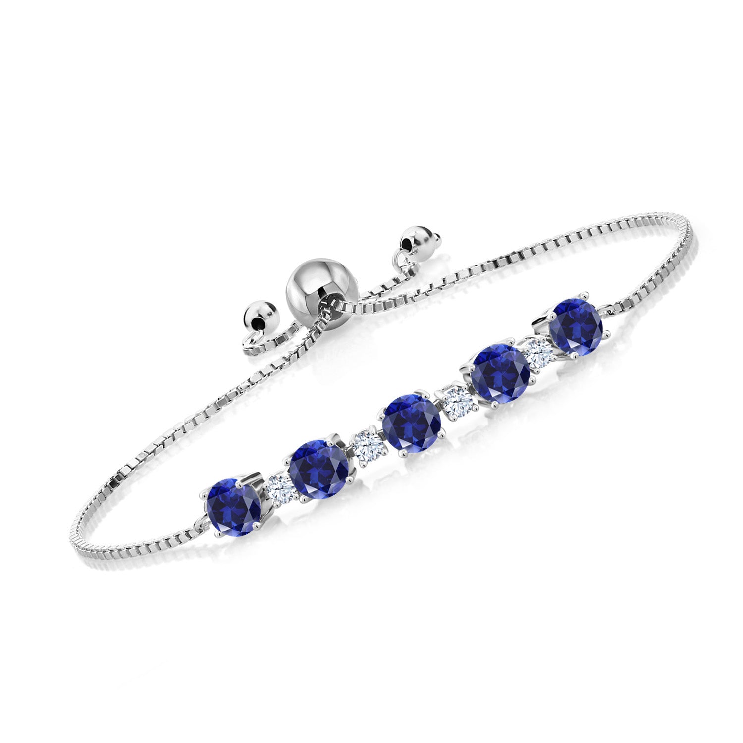 925 Sterling Silver Round Blue Created Sapphire Tennis Bracelet For Women (3.20 Cttw, Fully Adjustable Up to 9 Inch)