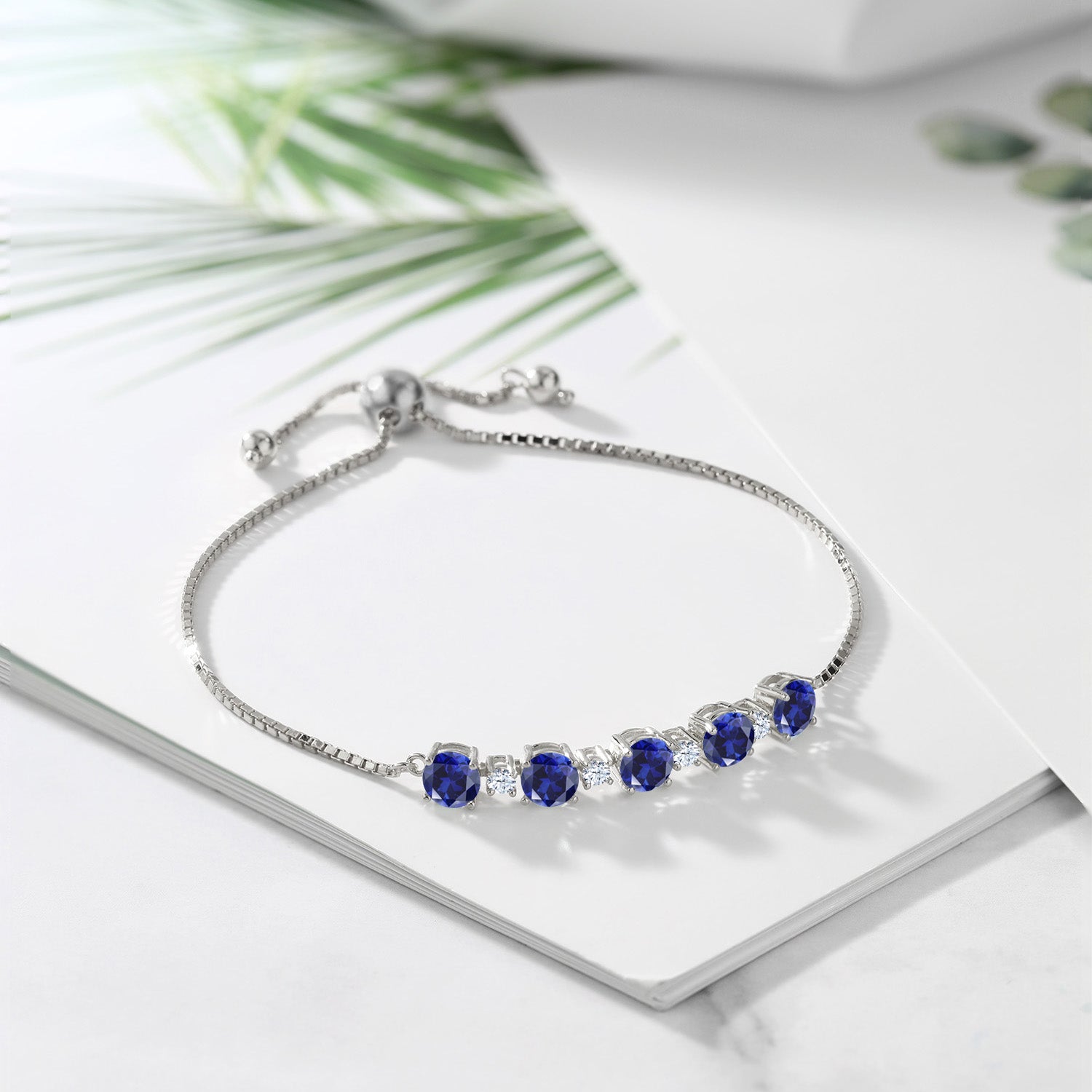 925 Sterling Silver Round Blue Created Sapphire Tennis Bracelet For Women (3.20 Cttw, Fully Adjustable Up to 9 Inch)